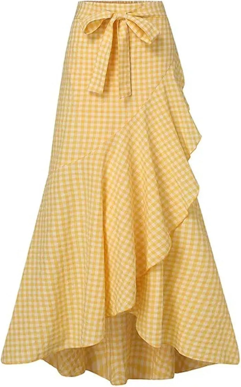 SEMATOMALA Women's Casual Plaid Mermaid Maxi Skirt A Line Irregular Ruffle Hem Fishtail Long Skirt Spring Summer