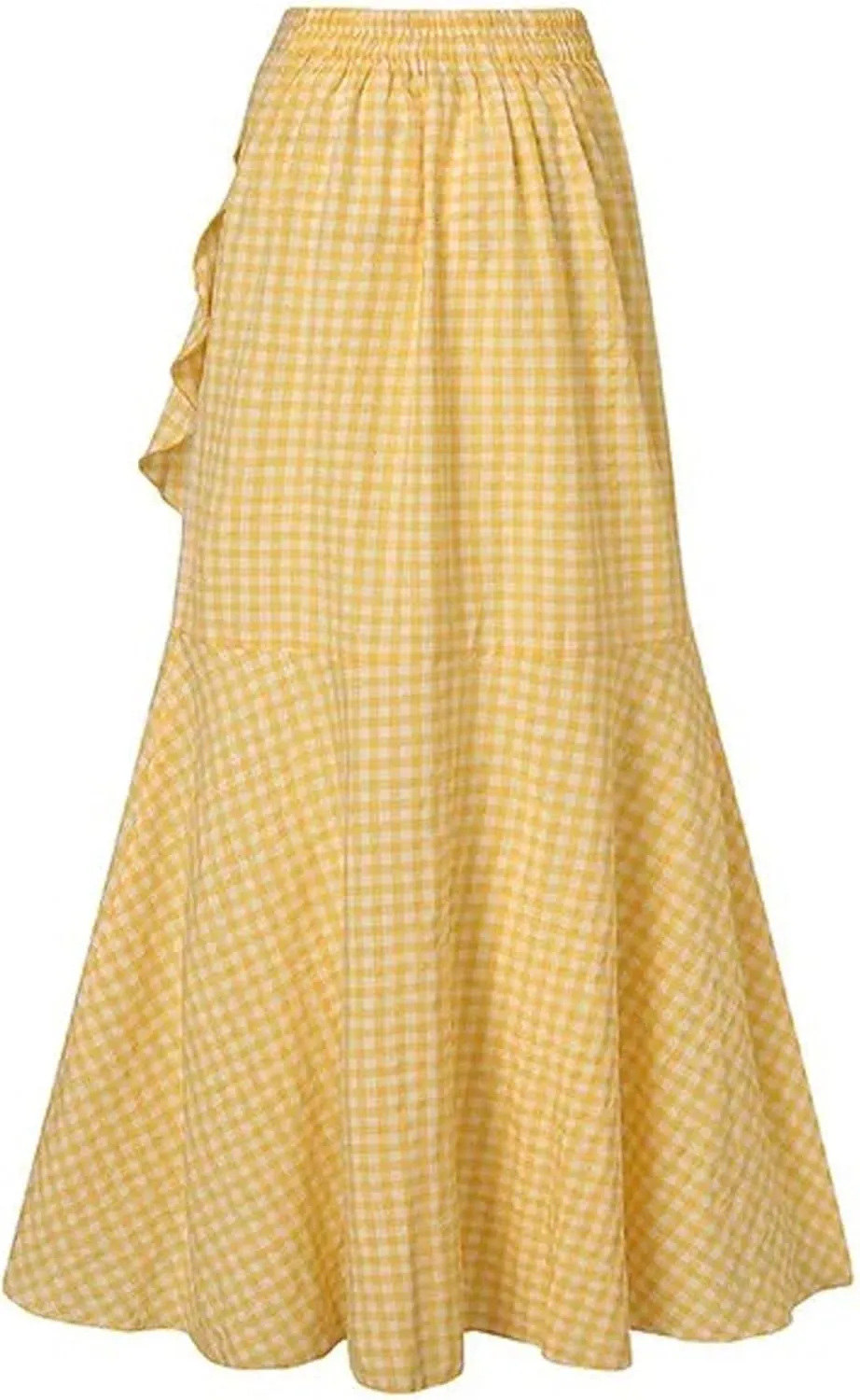 SEMATOMALA Women's Casual Plaid Mermaid Maxi Skirt A Line Irregular Ruffle Hem Fishtail Long Skirt Spring Summer