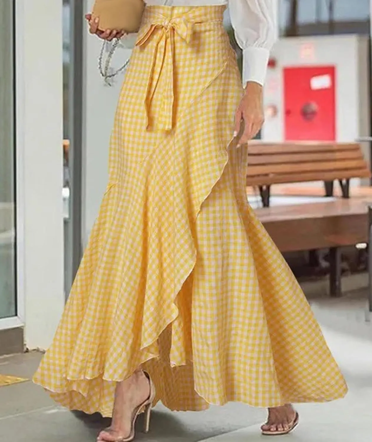 SEMATOMALA Women's Casual Plaid Mermaid Maxi Skirt A Line Irregular Ruffle Hem Fishtail Long Skirt Spring Summer