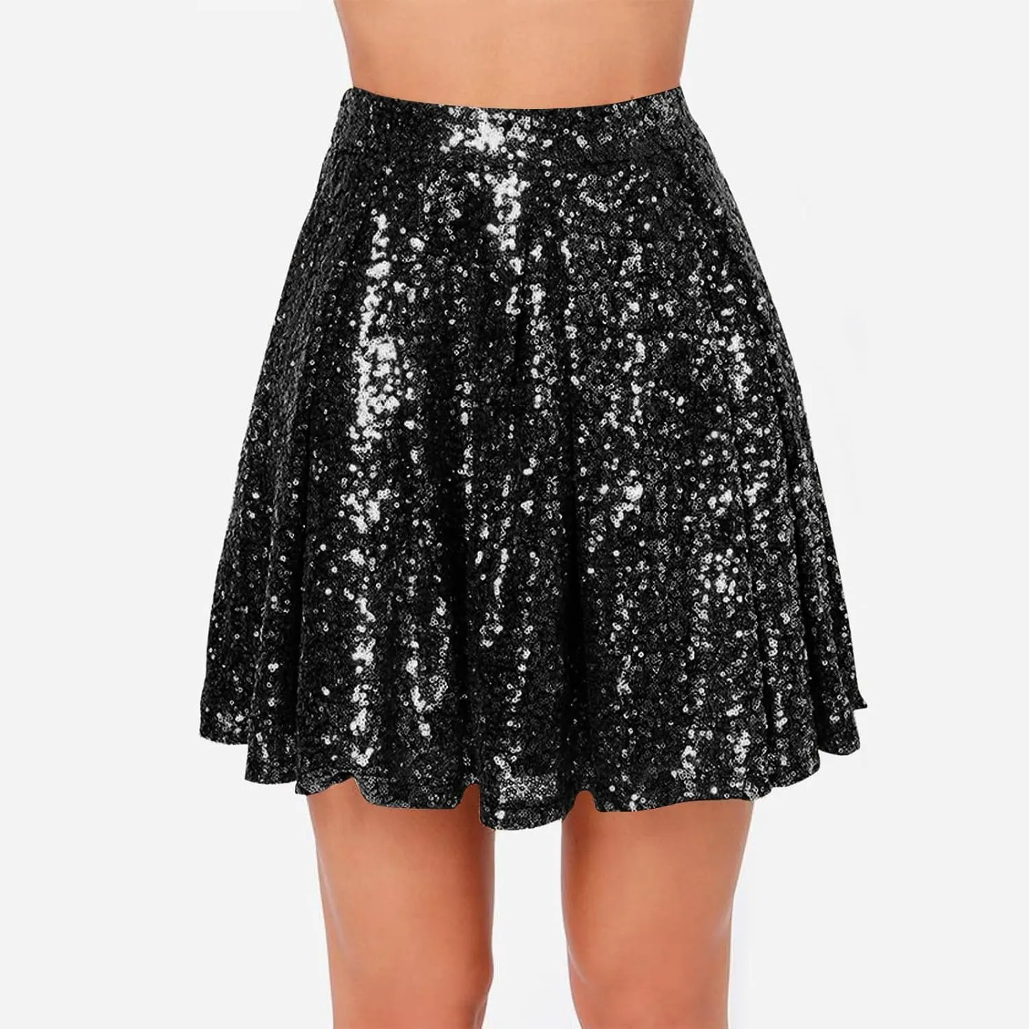Sequin Mini Skirt for Women A-line Basic Skirt Stretchy Flared Casual Pleated Sparkly Skater Skirts Short Rave Skirt