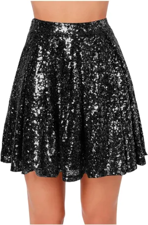 Sequin Mini Skirt for Women A-line Basic Skirt Stretchy Flared Casual Pleated Sparkly Skater Skirts Short Rave Skirt