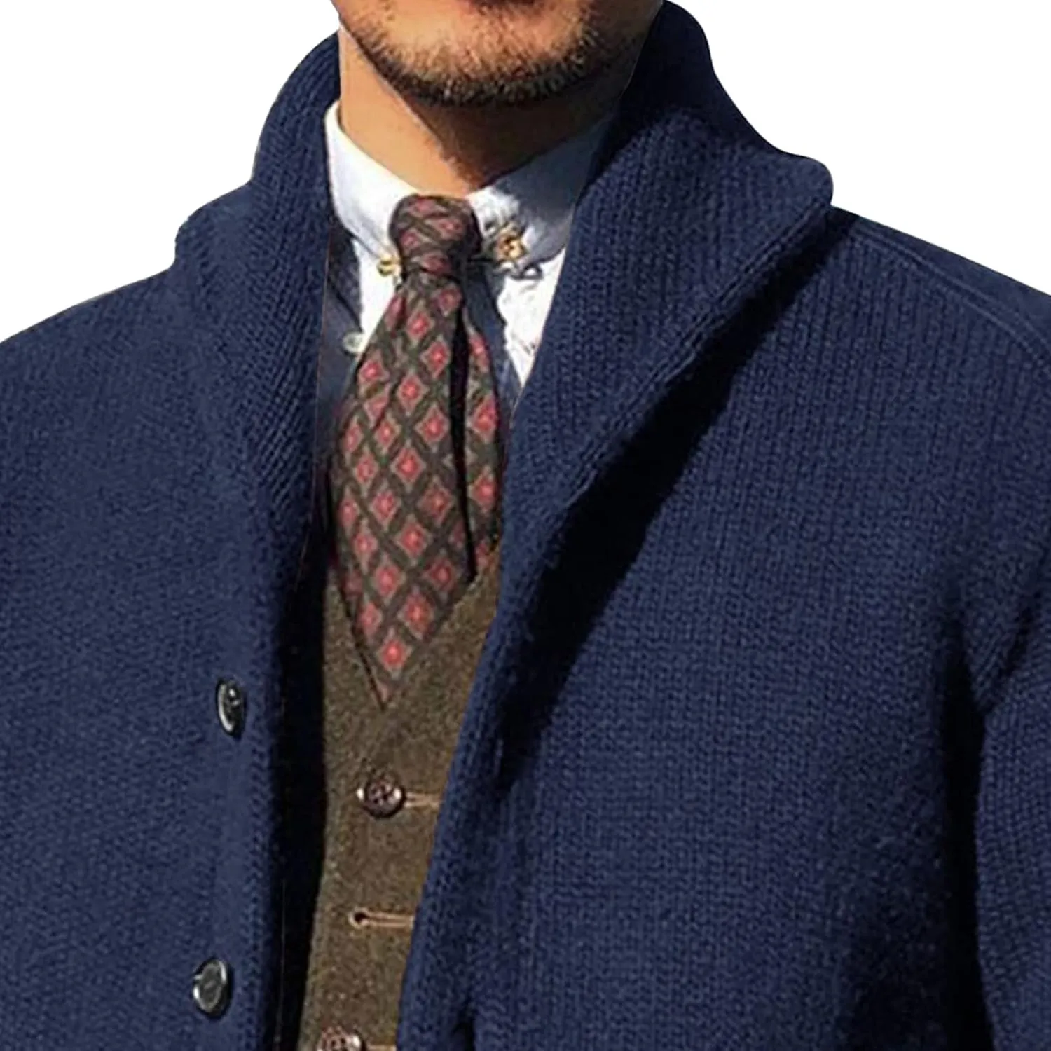 Shawl Collar Sweater for Men Solid Color Long Sleeve Knitted Cardigan Button Down Open Front Sweaters Cardigans