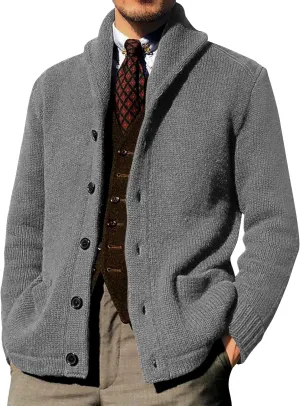 Shawl Collar Sweater for Men Solid Color Long Sleeve Knitted Cardigan Button Down Open Front Sweaters Cardigans