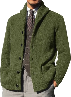 Shawl Collar Sweater for Men Solid Color Long Sleeve Knitted Cardigan Button Down Open Front Sweaters Cardigans