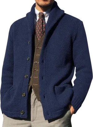 Shawl Collar Sweater for Men Solid Color Long Sleeve Knitted Cardigan Button Down Open Front Sweaters Cardigans