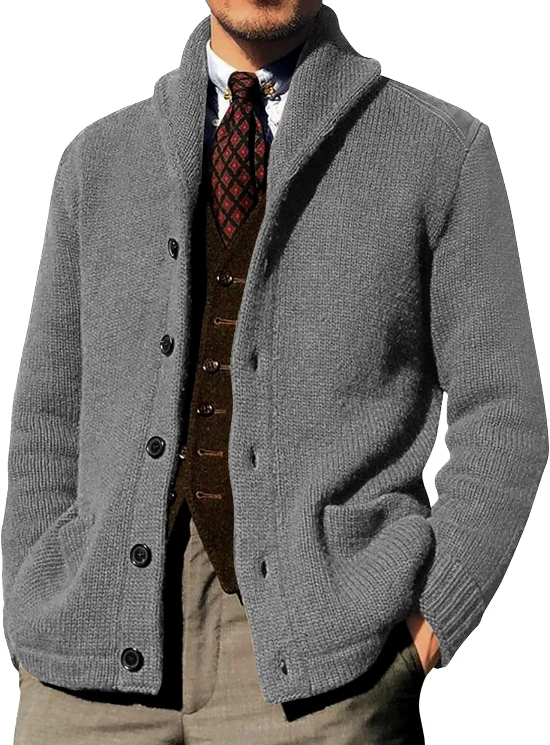 Shawl Collar Sweater for Men Solid Color Long Sleeve Knitted Cardigan Button Down Open Front Sweaters Cardigans