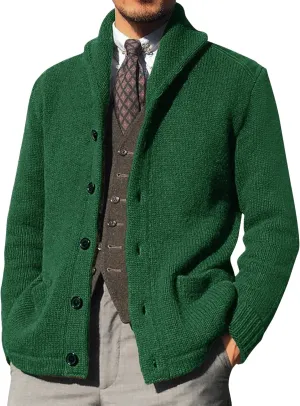 Shawl Collar Sweater for Men Solid Color Long Sleeve Knitted Cardigan Button Down Open Front Sweaters Cardigans