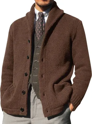 Shawl Collar Sweater for Men Solid Color Long Sleeve Knitted Cardigan Button Down Open Front Sweaters Cardigans