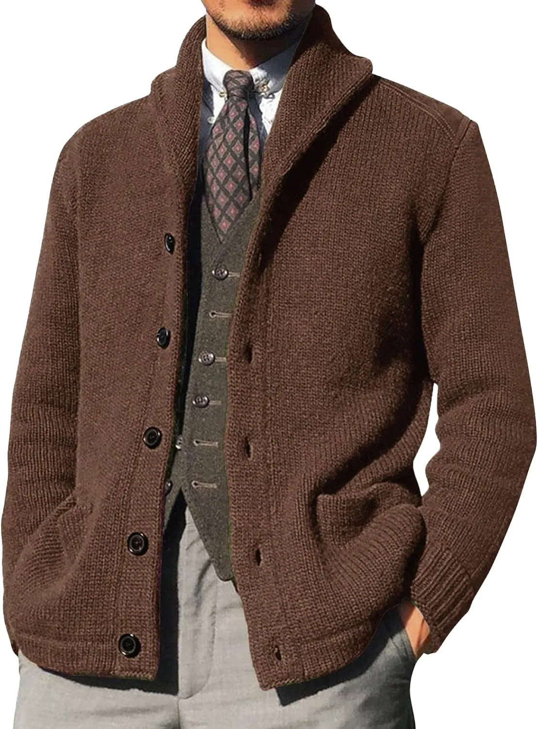 Shawl Collar Sweater for Men Solid Color Long Sleeve Knitted Cardigan Button Down Open Front Sweaters Cardigans