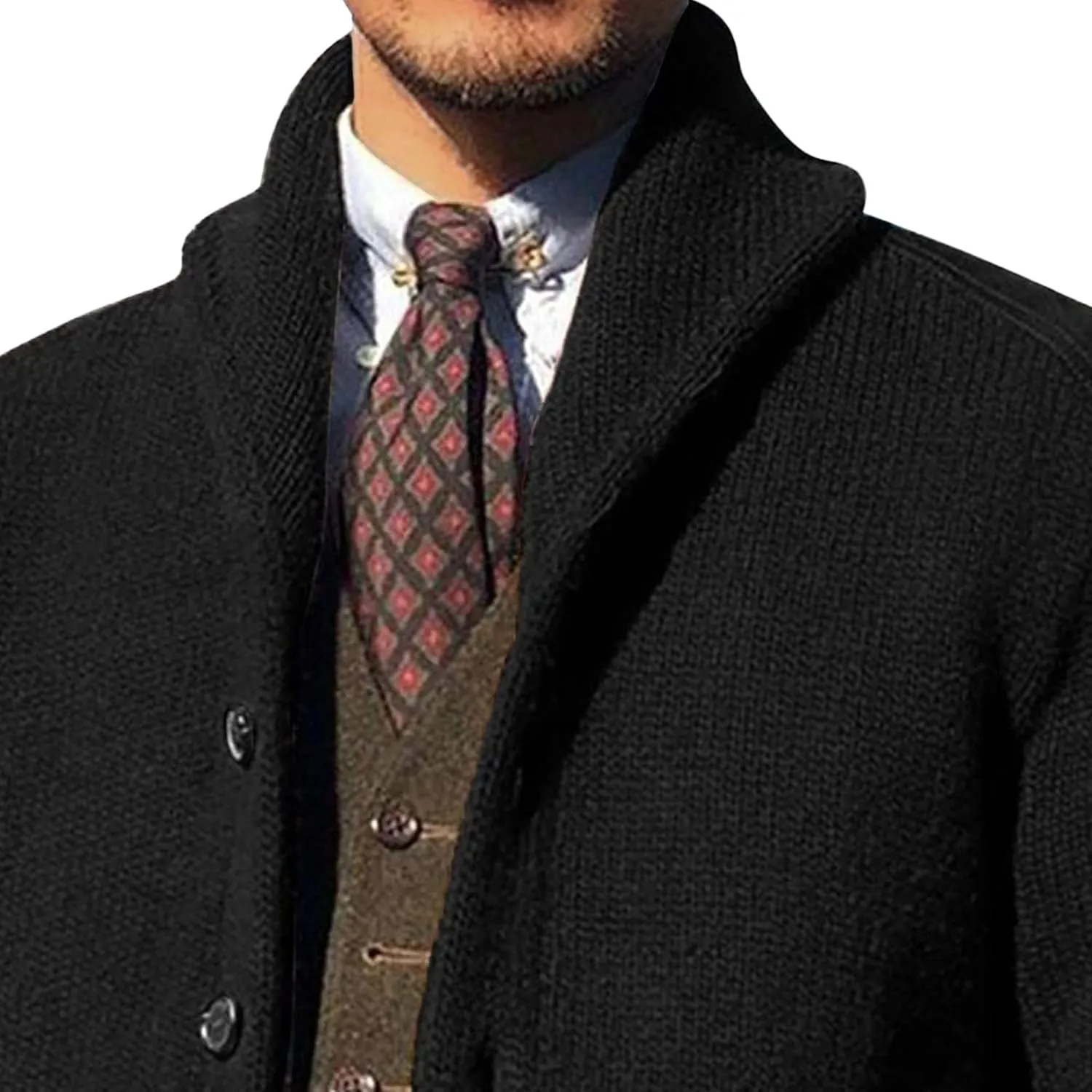 Shawl Collar Sweater for Men Solid Color Long Sleeve Knitted Cardigan Button Down Open Front Sweaters Cardigans