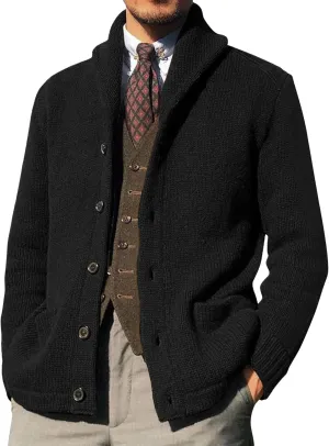 Shawl Collar Sweater for Men Solid Color Long Sleeve Knitted Cardigan Button Down Open Front Sweaters Cardigans