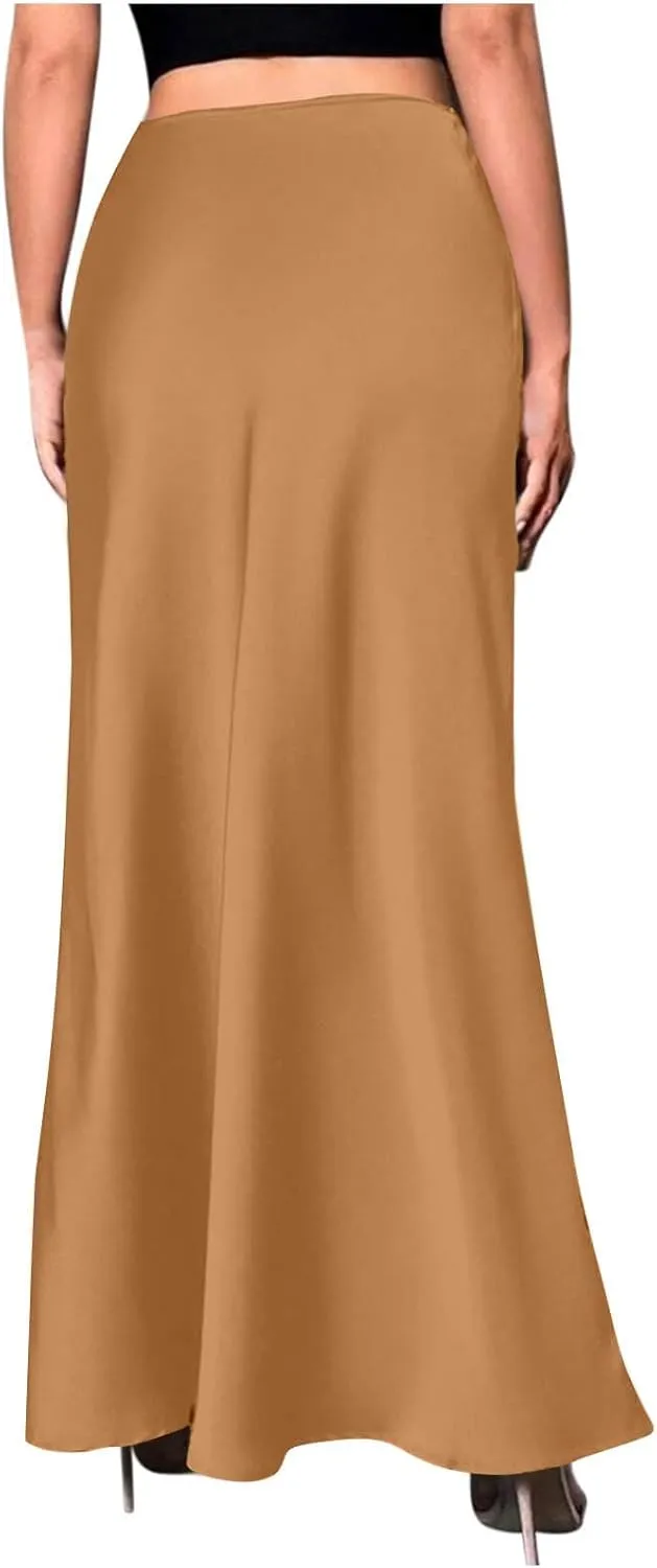 Silk Satin Maxi Skirt for Women Solid Fashion Elegant High Waisted Skirts Summer Cocktail Party Wedding A Line Skort