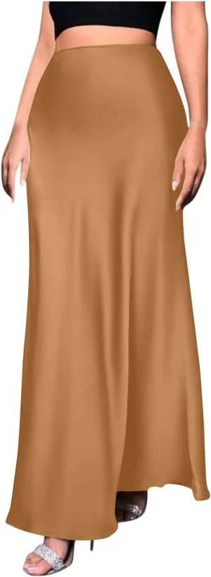 Silk Satin Maxi Skirt for Women Solid Fashion Elegant High Waisted Skirts Summer Cocktail Party Wedding A Line Skort
