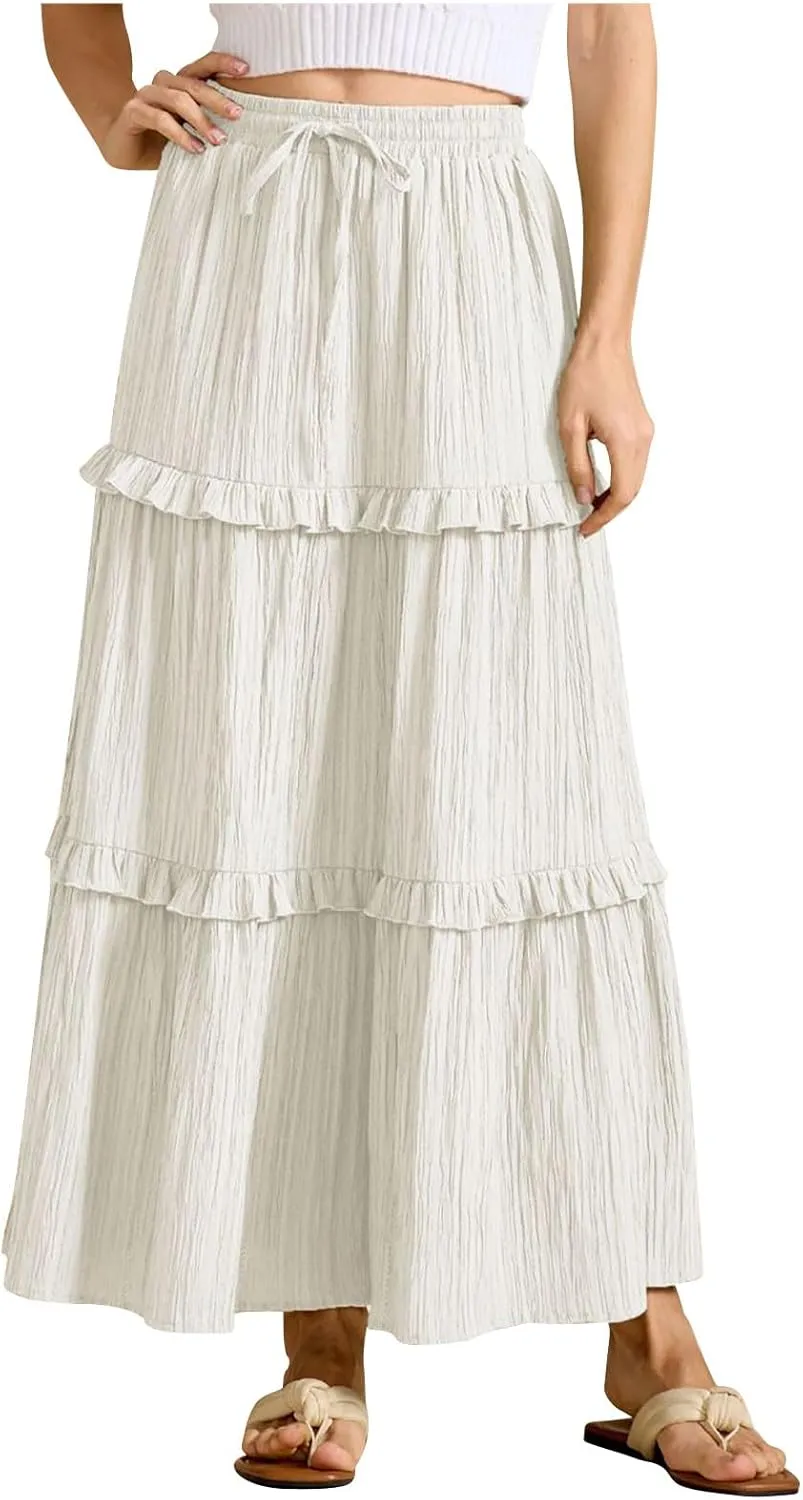 Skirts for Women High Waisted Elastic Drawstring Tiered Ruffled Maxi Skirt Solid Color Summer Vacation Casual Dress