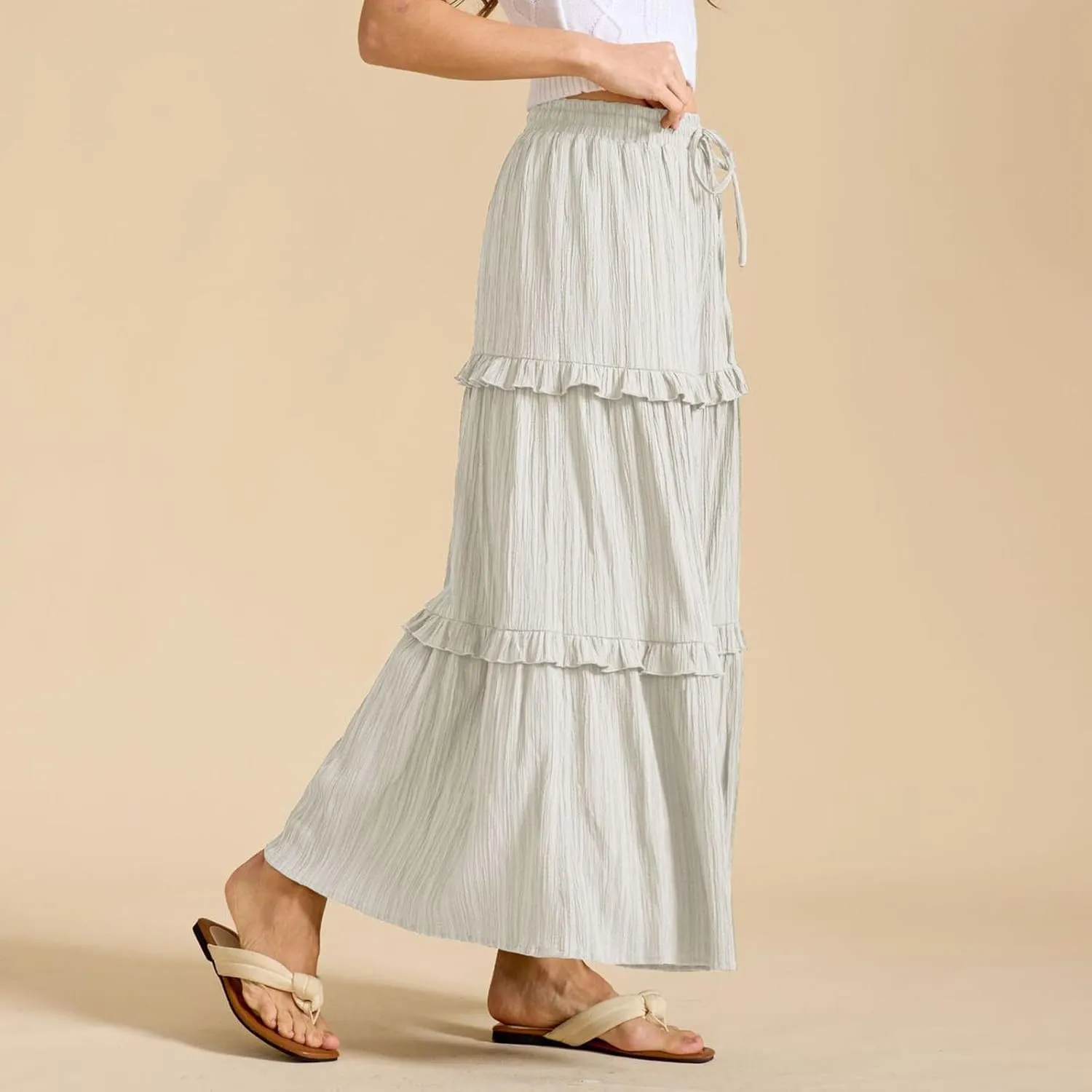 Skirts for Women High Waisted Elastic Drawstring Tiered Ruffled Maxi Skirt Solid Color Summer Vacation Casual Dress