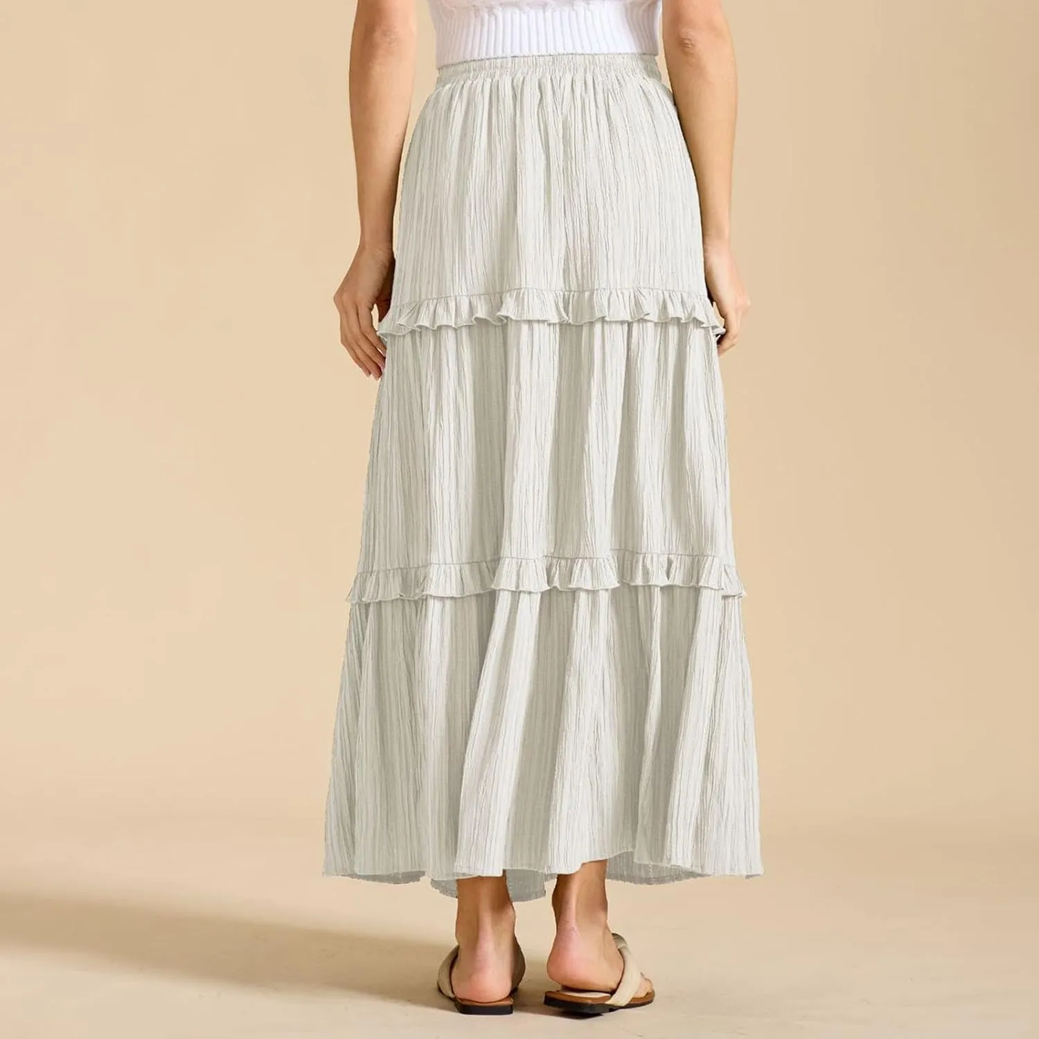 Skirts for Women High Waisted Elastic Drawstring Tiered Ruffled Maxi Skirt Solid Color Summer Vacation Casual Dress