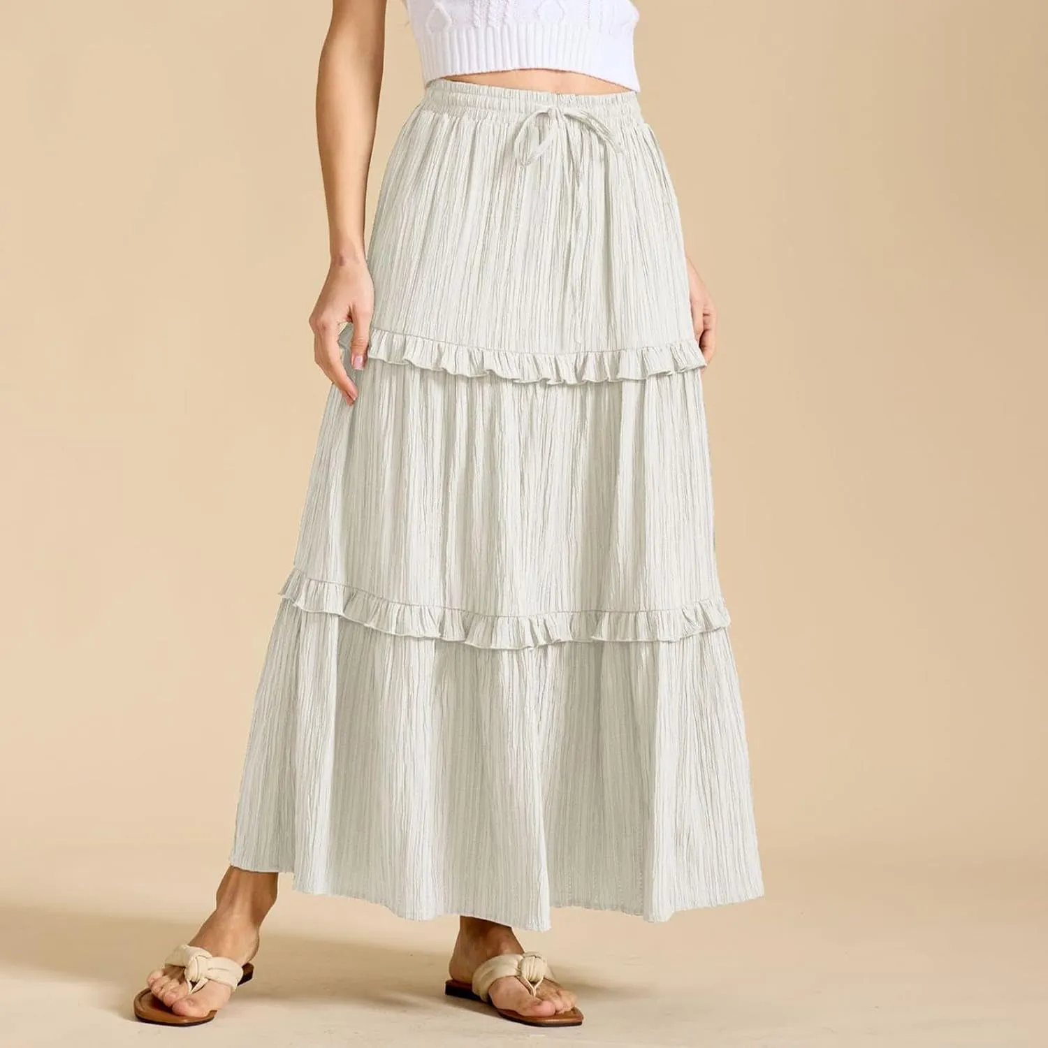Skirts for Women High Waisted Elastic Drawstring Tiered Ruffled Maxi Skirt Solid Color Summer Vacation Casual Dress