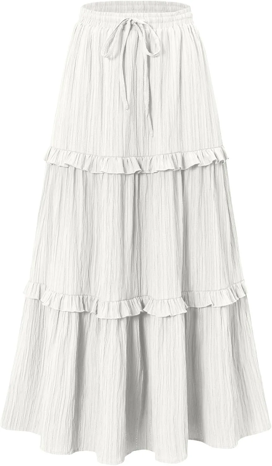 Skirts for Women High Waisted Elastic Drawstring Tiered Ruffled Maxi Skirt Solid Color Summer Vacation Casual Dress