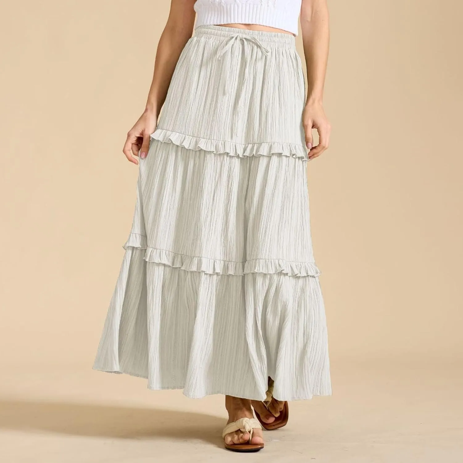 Skirts for Women High Waisted Elastic Drawstring Tiered Ruffled Maxi Skirt Solid Color Summer Vacation Casual Dress