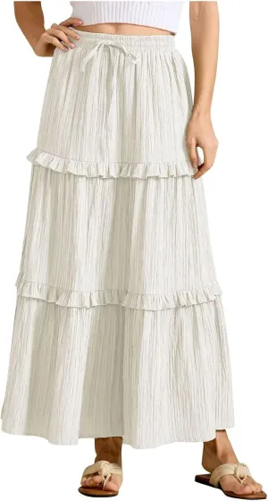 Skirts for Women High Waisted Elastic Drawstring Tiered Ruffled Maxi Skirt Solid Color Summer Vacation Casual Dress