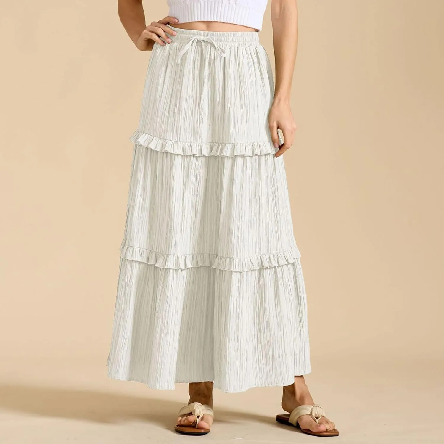 Skirts for Women High Waisted Elastic Drawstring Tiered Ruffled Maxi Skirt Solid Color Summer Vacation Casual Dress