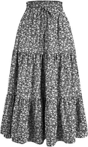 Skirts for Women Trendy Summer Tiered Elastic High Waisted Floral Skirt Vacation A Line Drawstring Flowy Long Skirts