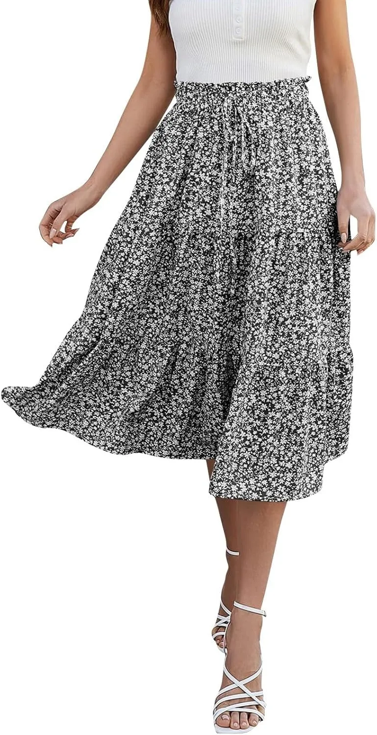 Skirts for Women Trendy Summer Tiered Elastic High Waisted Floral Skirt Vacation A Line Drawstring Flowy Long Skirts