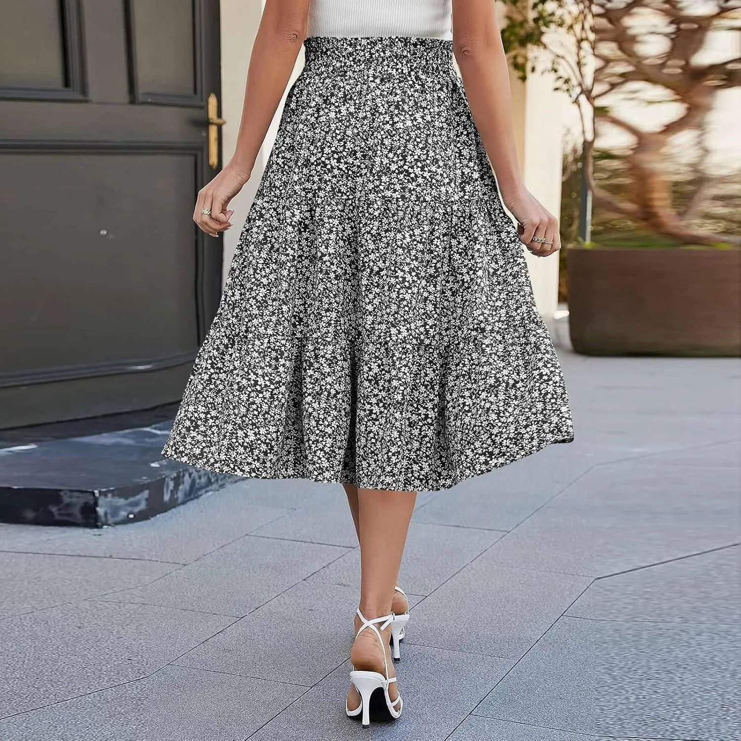 Skirts for Women Trendy Summer Tiered Elastic High Waisted Floral Skirt Vacation A Line Drawstring Flowy Long Skirts