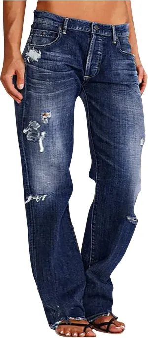 SMIDOW Women Stacked Pants Ripped Jeans Boyfriend Distressed Baggy Cargo Straight Leg Pants