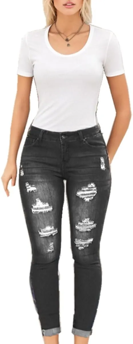 Sorrica Women Skinny Ripped Jeans Stretch High Waisted Distressed Butt Lifting Denim Pants