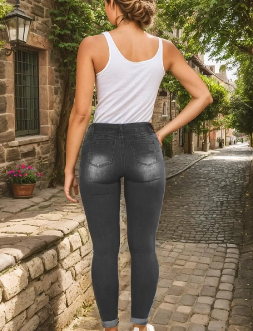 Sorrica Women Skinny Ripped Jeans Stretch High Waisted Distressed Butt Lifting Denim Pants