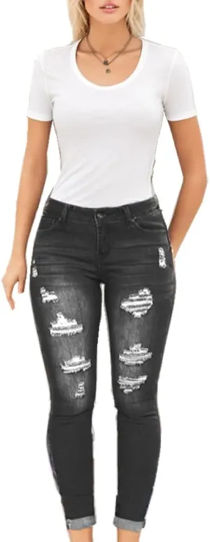 Sorrica Women Skinny Ripped Jeans Stretch High Waisted Distressed Butt Lifting Denim Pants