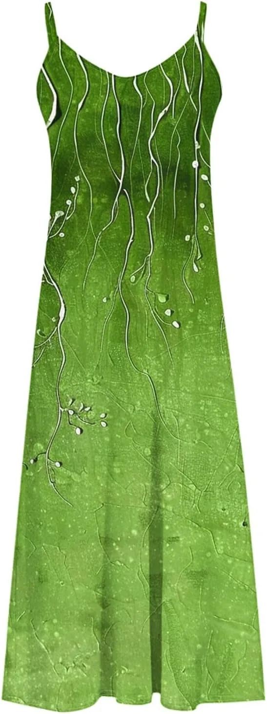 Spaghetti Strap Maxi Dress for Womens Summer Trendy Elegant V Neck Boho Hawaiian Long Dress Beach Casual Sundresses
