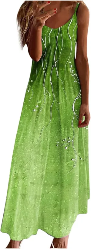 Spaghetti Strap Maxi Dress for Womens Summer Trendy Elegant V Neck Boho Hawaiian Long Dress Beach Casual Sundresses