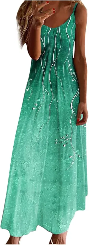 Spaghetti Strap Maxi Dress for Womens Summer Trendy Elegant V Neck Boho Hawaiian Long Dress Beach Casual Sundresses