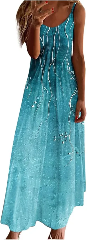 Spaghetti Strap Maxi Dress for Womens Summer Trendy Elegant V Neck Boho Hawaiian Long Dress Beach Casual Sundresses