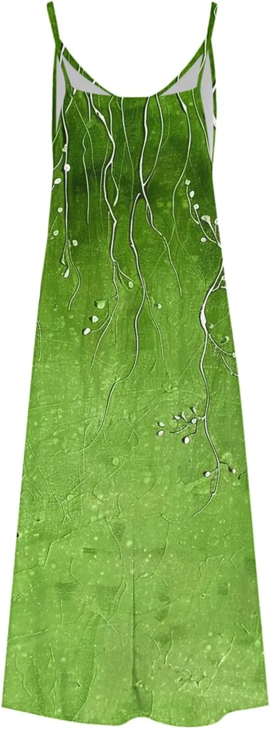 Spaghetti Strap Maxi Dress for Womens Summer Trendy Elegant V Neck Boho Hawaiian Long Dress Beach Casual Sundresses