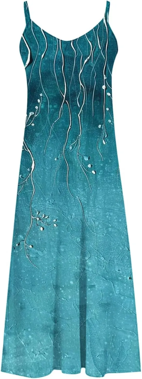 Spaghetti Strap Maxi Dress for Womens Summer Trendy Elegant V Neck Boho Hawaiian Long Dress Beach Casual Sundresses