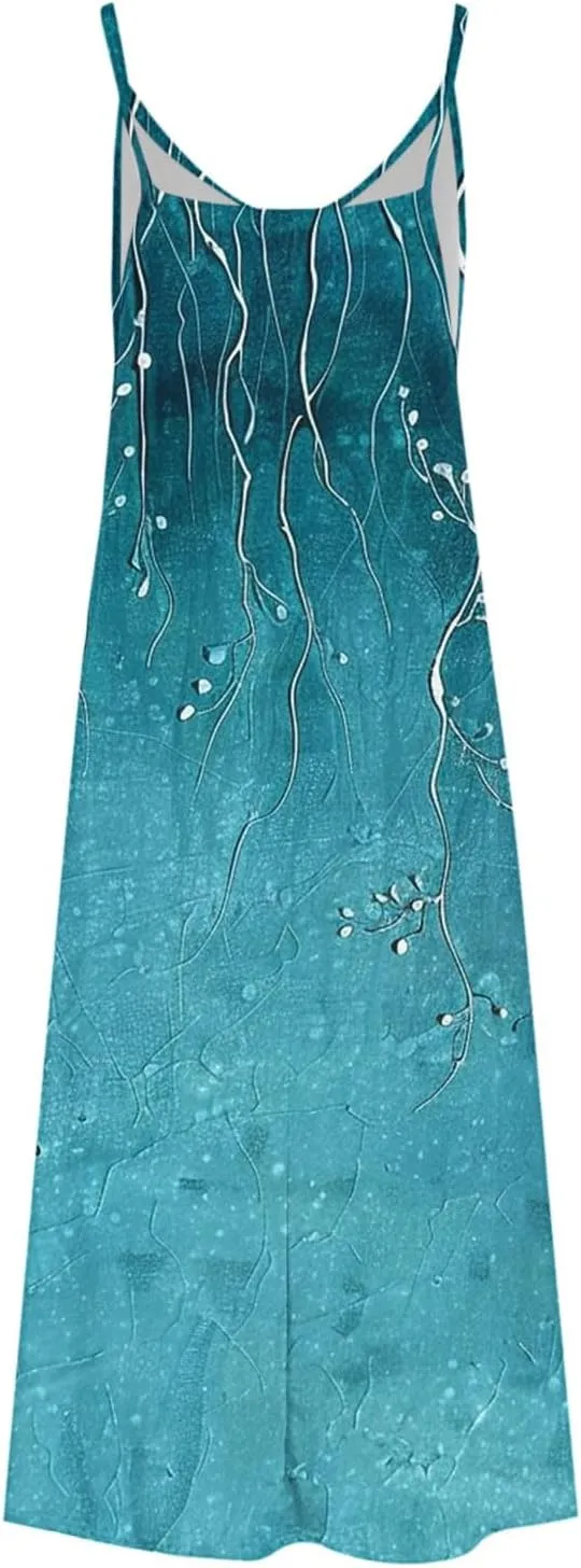 Spaghetti Strap Maxi Dress for Womens Summer Trendy Elegant V Neck Boho Hawaiian Long Dress Beach Casual Sundresses