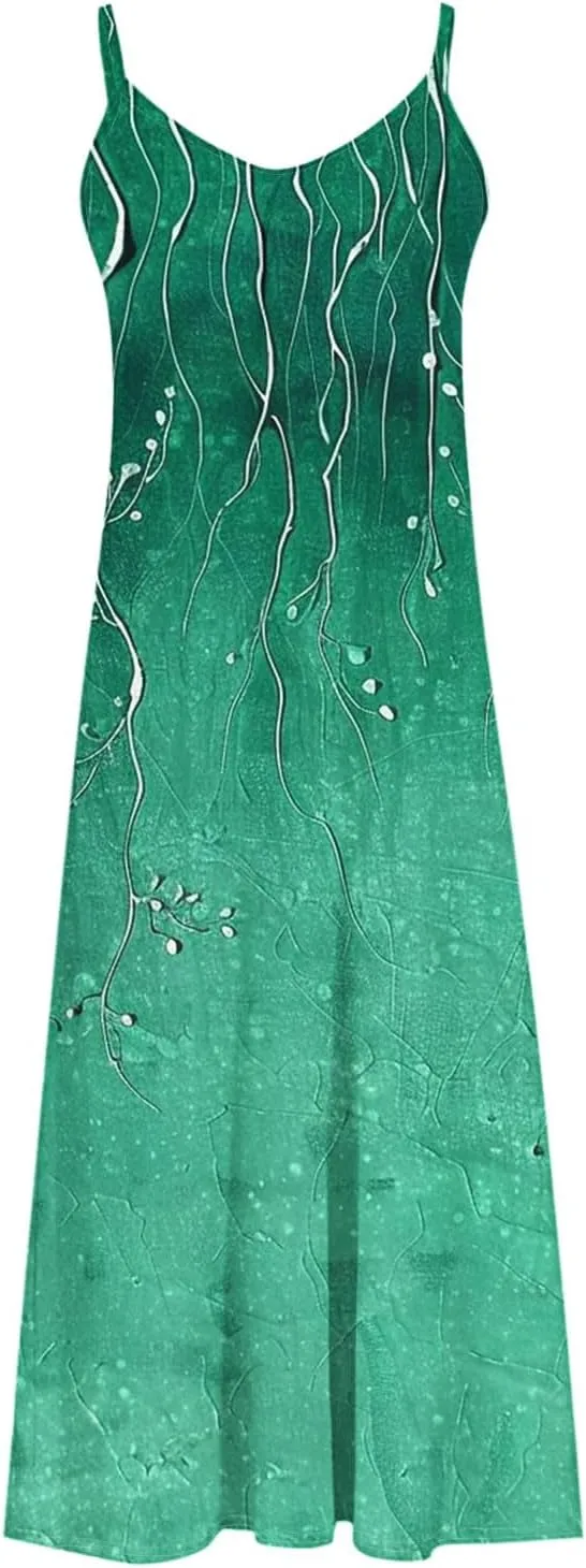 Spaghetti Strap Maxi Dress for Womens Summer Trendy Elegant V Neck Boho Hawaiian Long Dress Beach Casual Sundresses