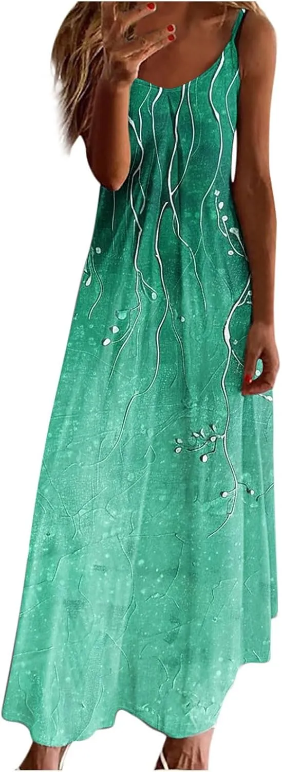 Spaghetti Strap Maxi Dress for Womens Summer Trendy Elegant V Neck Boho Hawaiian Long Dress Beach Casual Sundresses