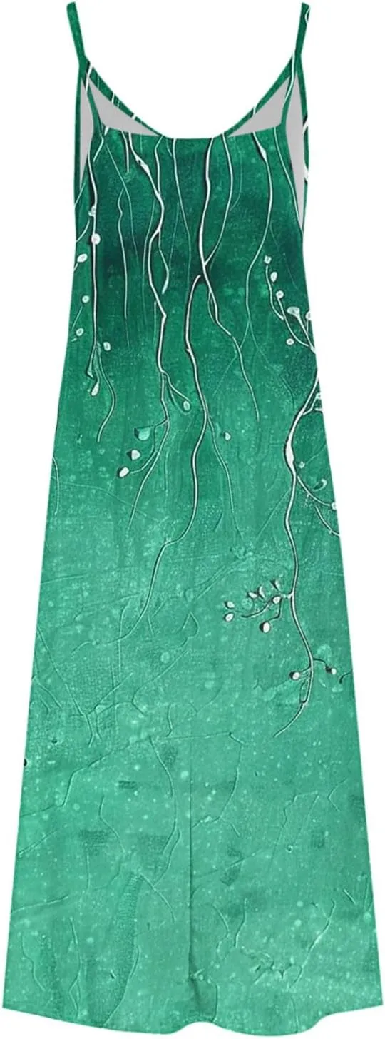 Spaghetti Strap Maxi Dress for Womens Summer Trendy Elegant V Neck Boho Hawaiian Long Dress Beach Casual Sundresses