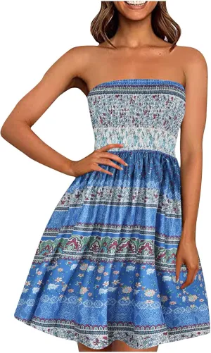 Strapless Mini Dress Sexy 2024 Boho Floral Print Off Shoulder Short Beach Dresses Ruched Loose Fit Sundresses