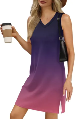 Summer Dresses for Women 2025 Beach Casual Sundresses Loose T Shirt Dresses Sleeveless Floral Tank Dress with Split
