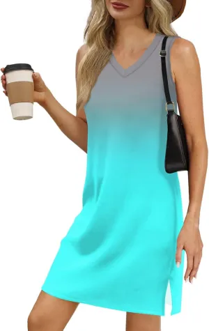 Summer Dresses for Women 2025 Beach Casual Sundresses Loose T Shirt Dresses Sleeveless Floral Tank Dress with Split