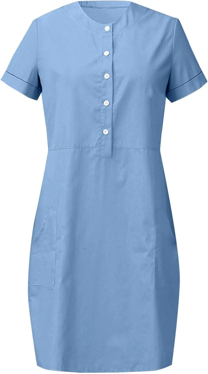 Summer Dresses for Women 2025 Button Front Short Sleeve Tshirt Dress Business Casual Sundresses with Pockets