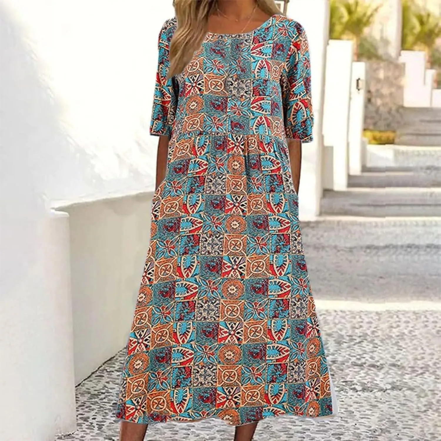 Summer Dresses for Women 2025 Crew Neck Short Sleeve Flowy Dress Loose Beach Casual Sundresses with Pockets