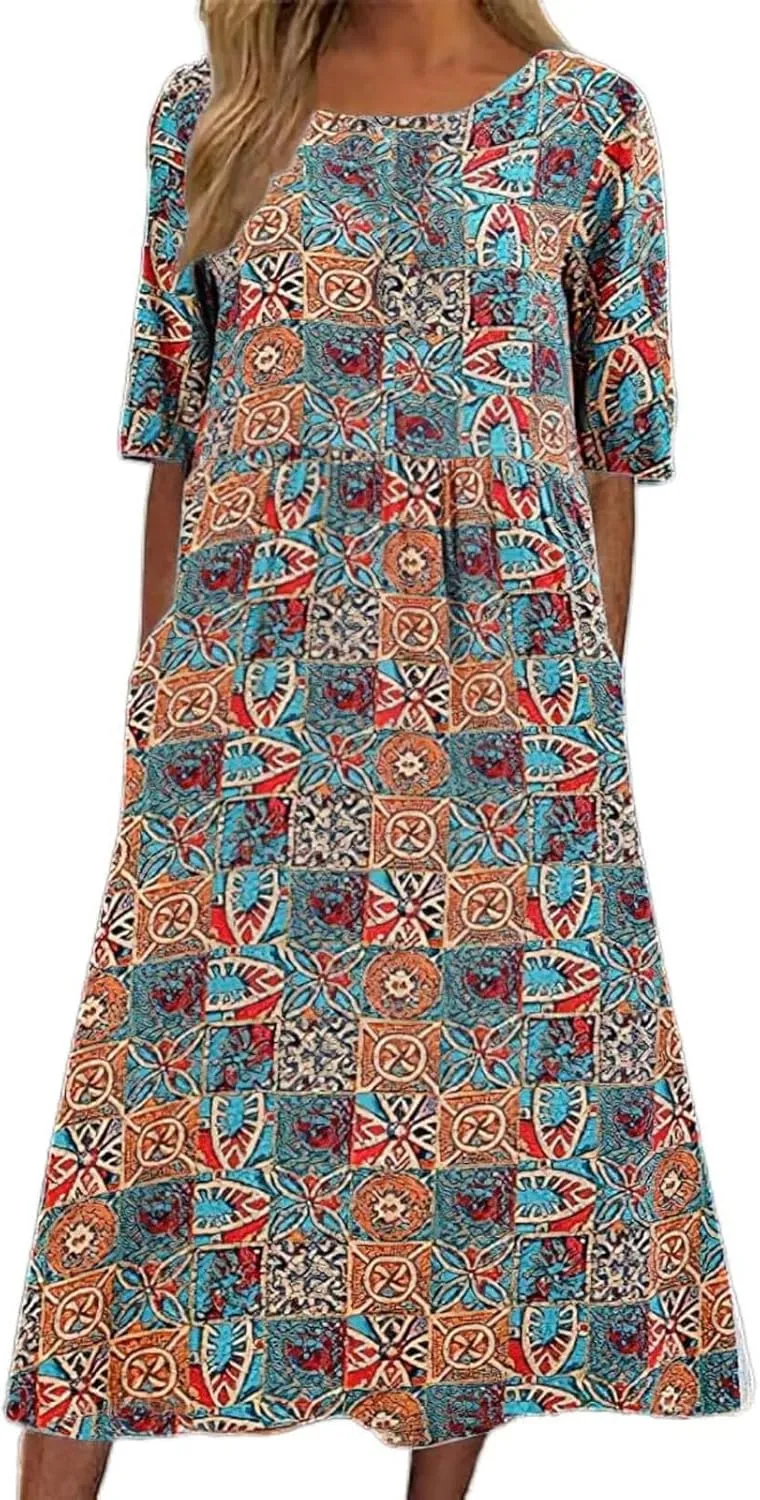 Summer Dresses for Women 2025 Crew Neck Short Sleeve Flowy Dress Loose Beach Casual Sundresses with Pockets