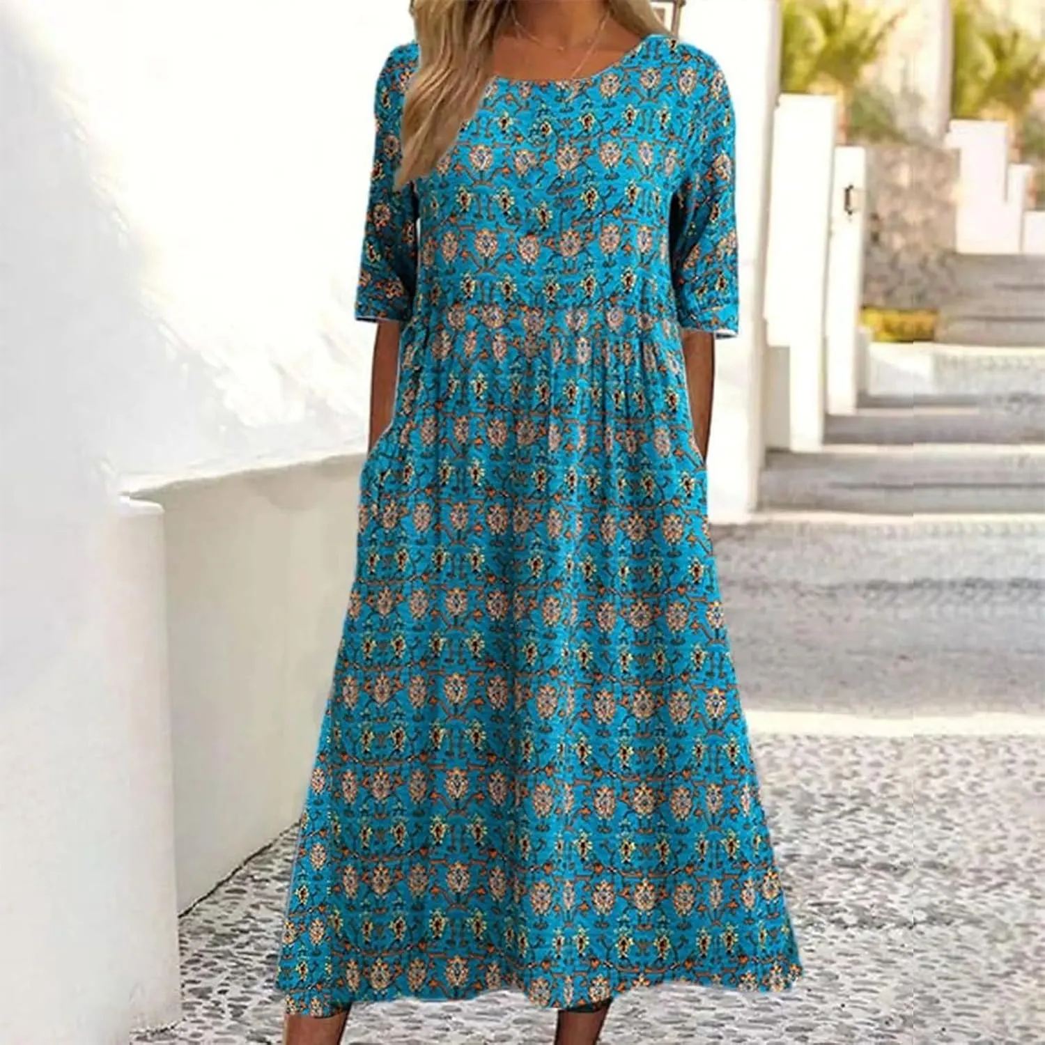 Summer Dresses for Women 2025 Crew Neck Short Sleeve Flowy Dress Loose Beach Casual Sundresses with Pockets