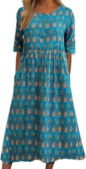 Summer Dresses for Women 2025 Crew Neck Short Sleeve Flowy Dress Loose Beach Casual Sundresses with Pockets